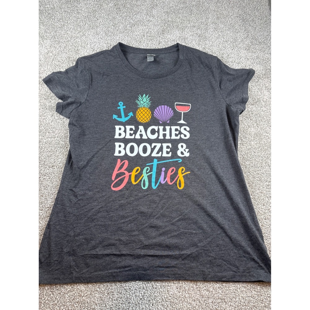 Beaches Booze‎ Besties Graphic T Shirt Womens Crew Neck Casual Gray size Large